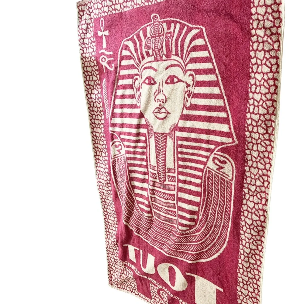 Vintage King Tut Egyptian Beach Towel Pink White Ankh Eye of Ra